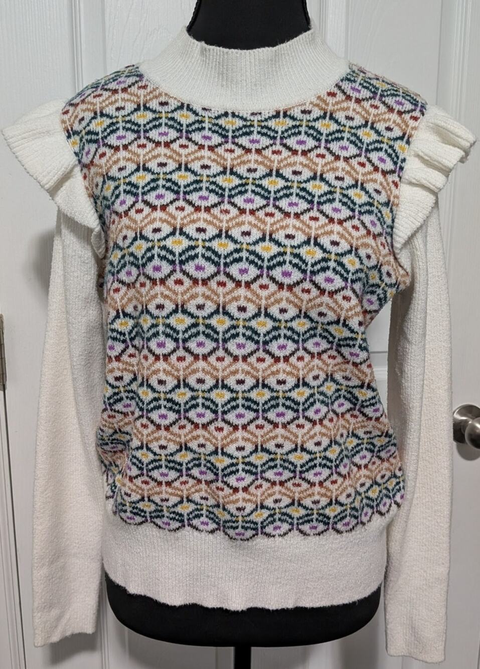 LOFT Geo Jacquard Mock Neck Sweater Medium Ruffle Shoulder Fair Isle Cream Multi